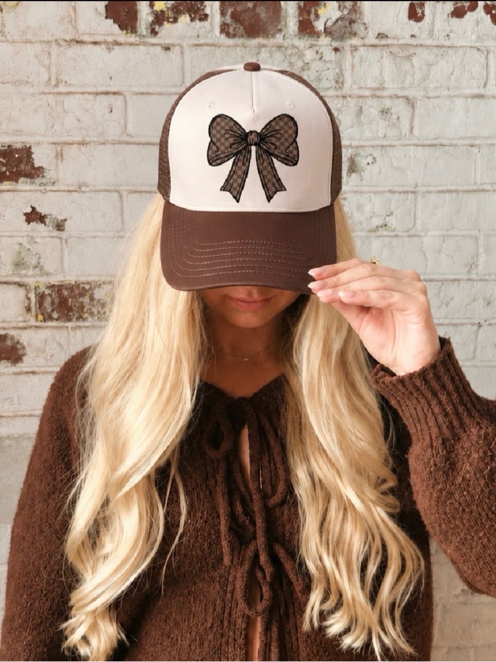 Brown and Cream Bow Trucker Hat - Women Accessories